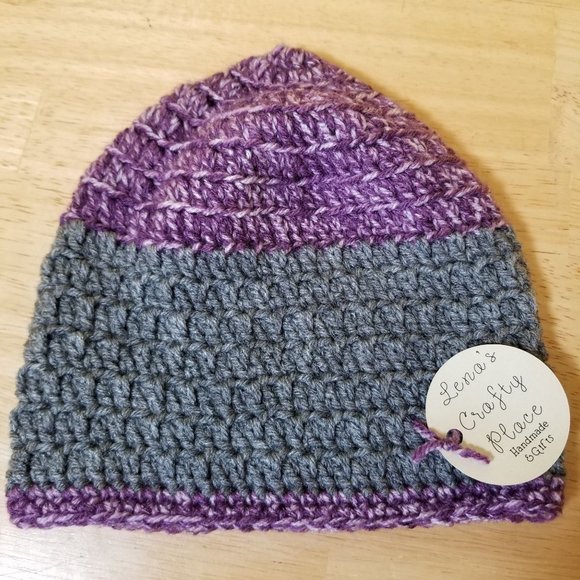 Adult Teen Beanie Grey Purple Heather Crochet Cable Knit Winter Watch Cap Hat - Picture 1 of 4